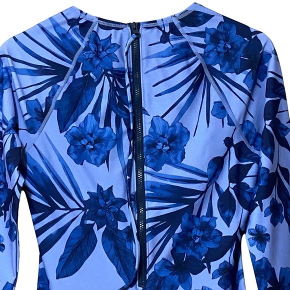 Hurley Floral Print Long Sleeve One Piece Rash Guard Swimsuit L Blue NWT - Picture 7 of 8